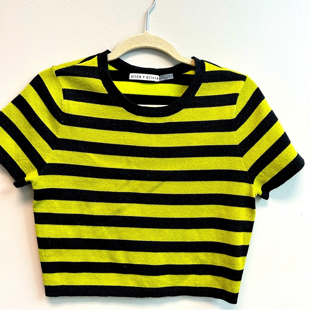 Beattlejuice Colors Alice + Olivia Lime Green and Black Stripe Cropped Sweater